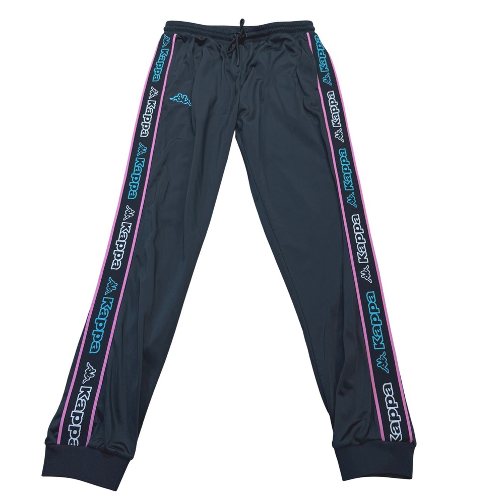 Kappa Track Pants Mens Large Black Teal Pink Logo Tape Banda Joggers Polyester